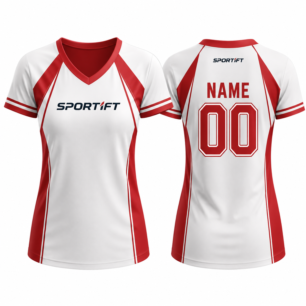 Damen Fußballtrikot V-Ausschnitt Kurzarm Rot-Weiß Prism