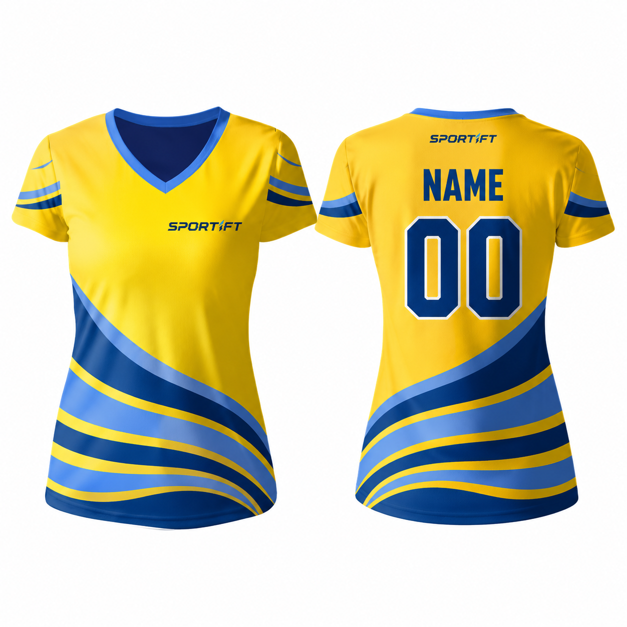 V-Ausschnitt Kurzarm Fußballtrikot Gelb-Blau Welle | personalisiertes Trikot