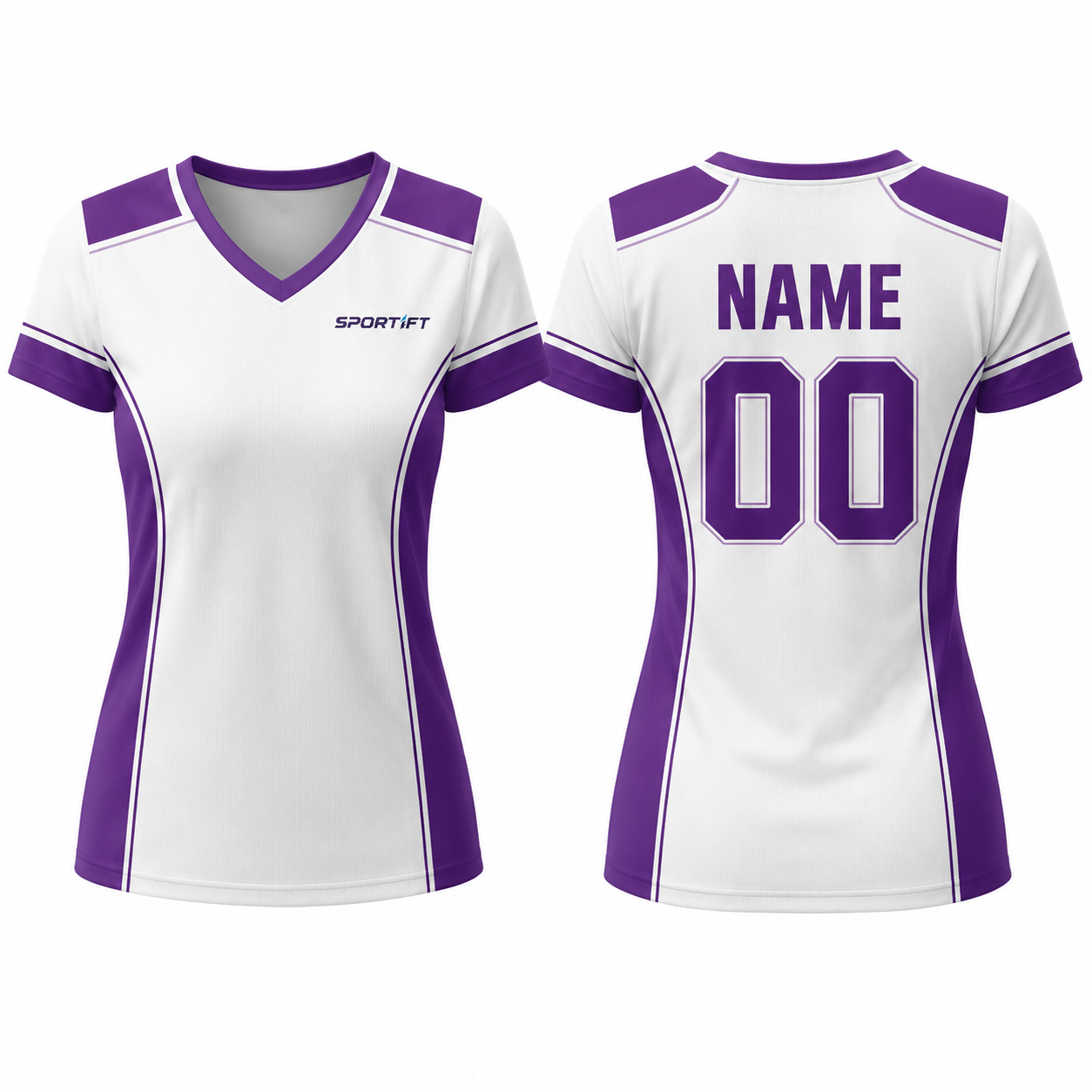 Damen V-Ausschnitt Fußballtrikot Lila-Weiß – Personalisiertes Sportshirt