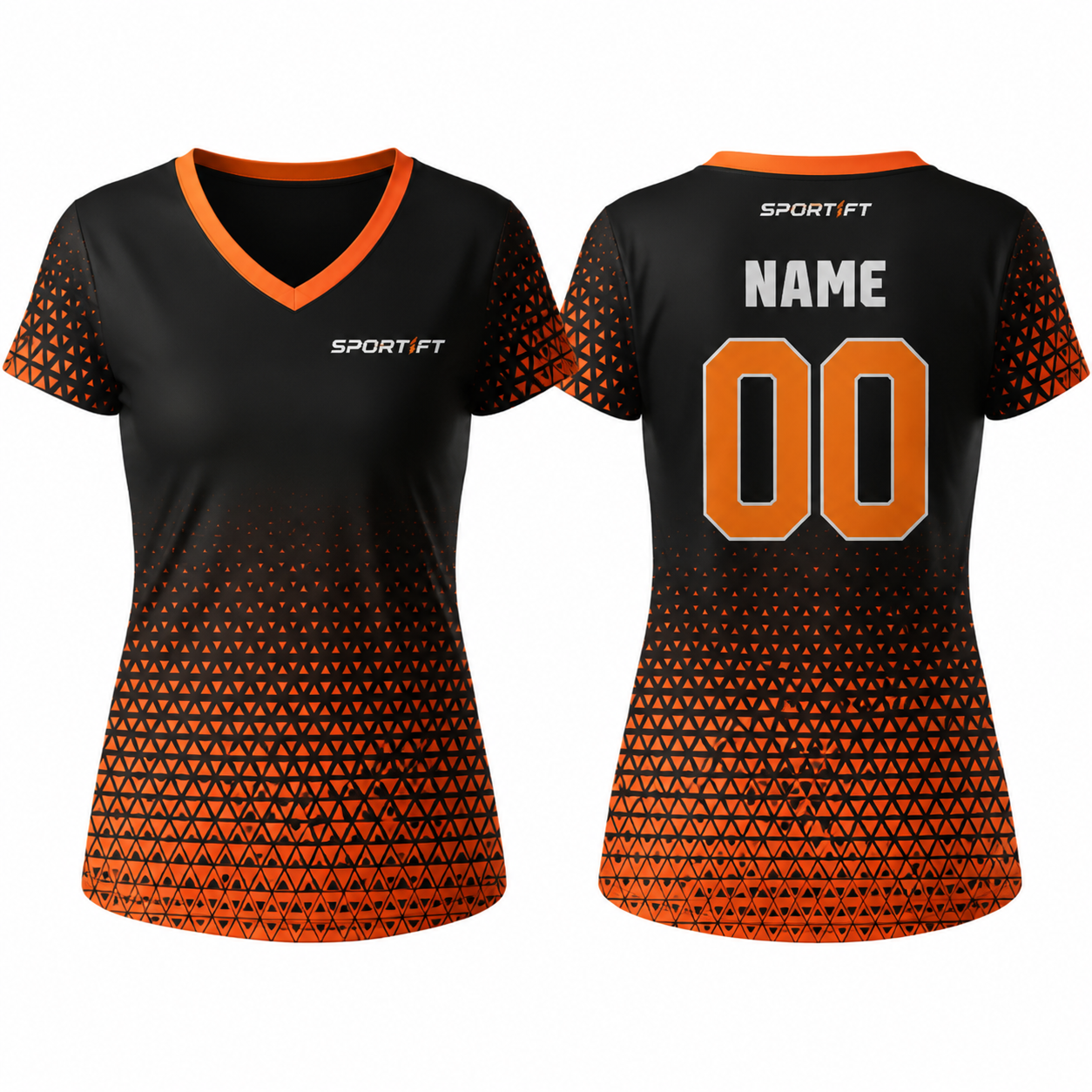 Schwarz-Orange V-Ausschnitt Fußballtrikot mit geometrischem Muster