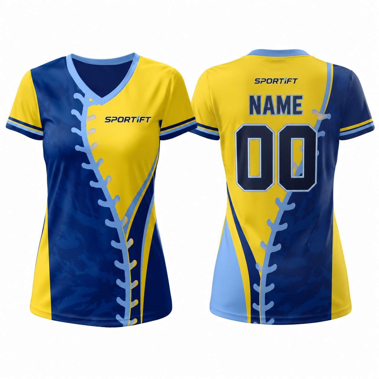 Damen Fußballtrikot V-Ausschnitt Kurzarm Gelb Blau Geo-Panel