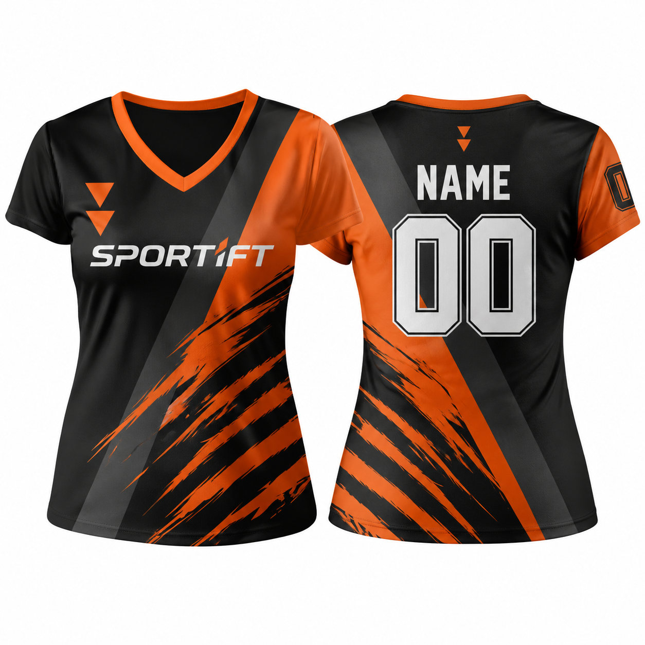 Damen Fußballtrikot V-Ausschnitt Kurzarm Schwarz Orange Scratched Look mit Logo-Platzhalter