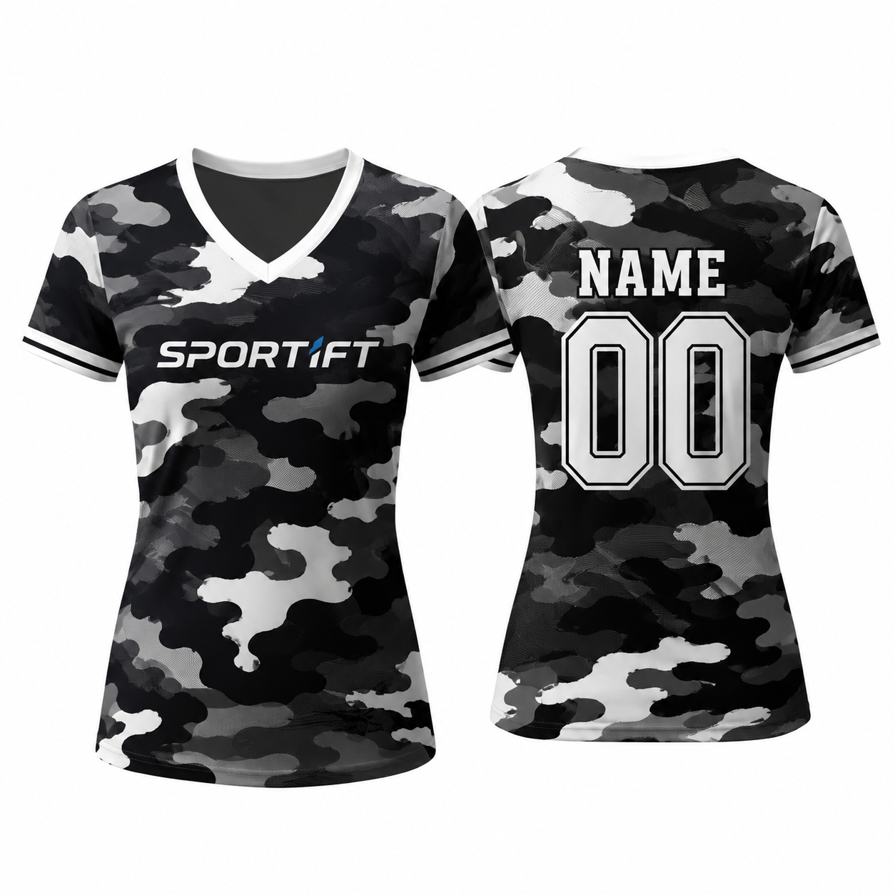 Damen Fußballtrikot mit V-Ausschnitt und Schwarz-Weiß Camo Print – Individuell gestaltbar