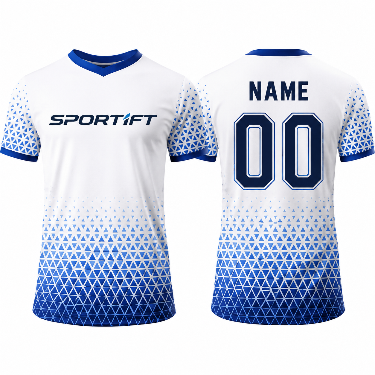 Weiß-Blaues V-Ausschnitt Fußballtrikot mit Dreiecksmuster