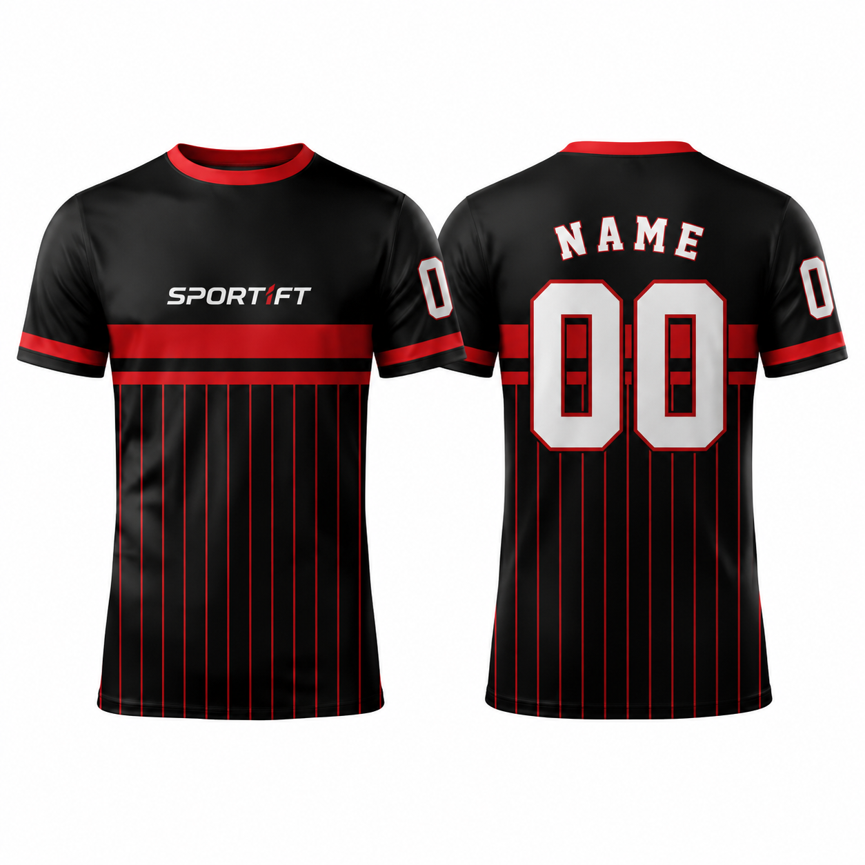 SC-00028 Schwarz-Rotes Fußballtrikot mit kontrastierenden Streifen und individueller Logo-Platzierung
