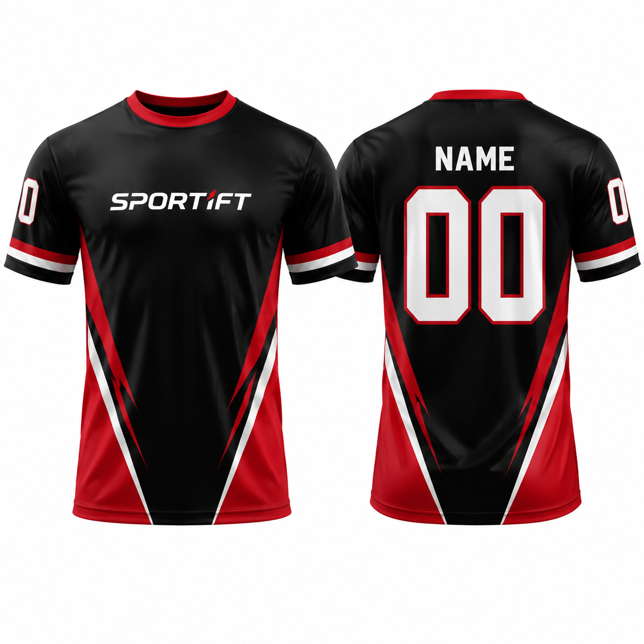 Individuelles Fußballtrikot mit V-Panel Schwarz Rot – Sublimationsdruck