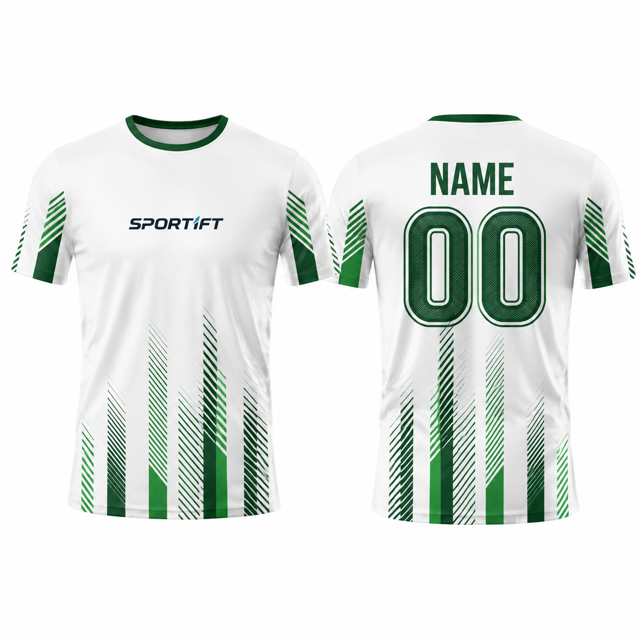 Fußballtrikot Weiß/Grün mit Rennstreifen – Sublimiertes Leistungstrikot für Herren