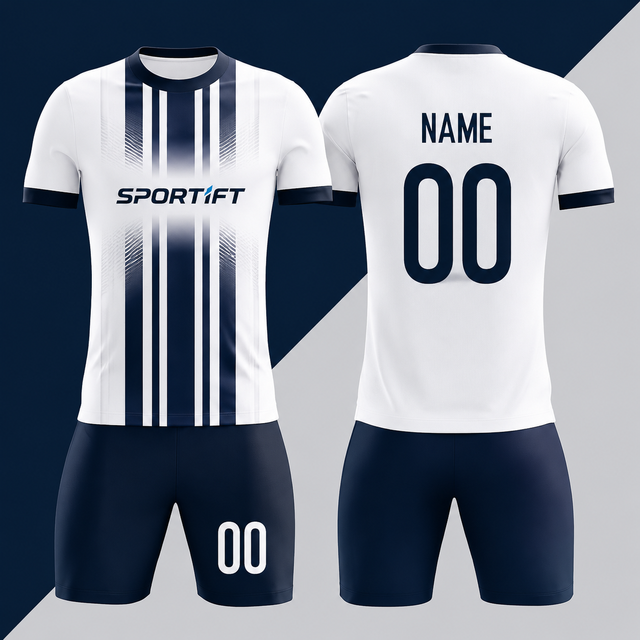 Fußball Trikot Set Weiß & Marineblau - Personalisiertes Jersey mit Shorts