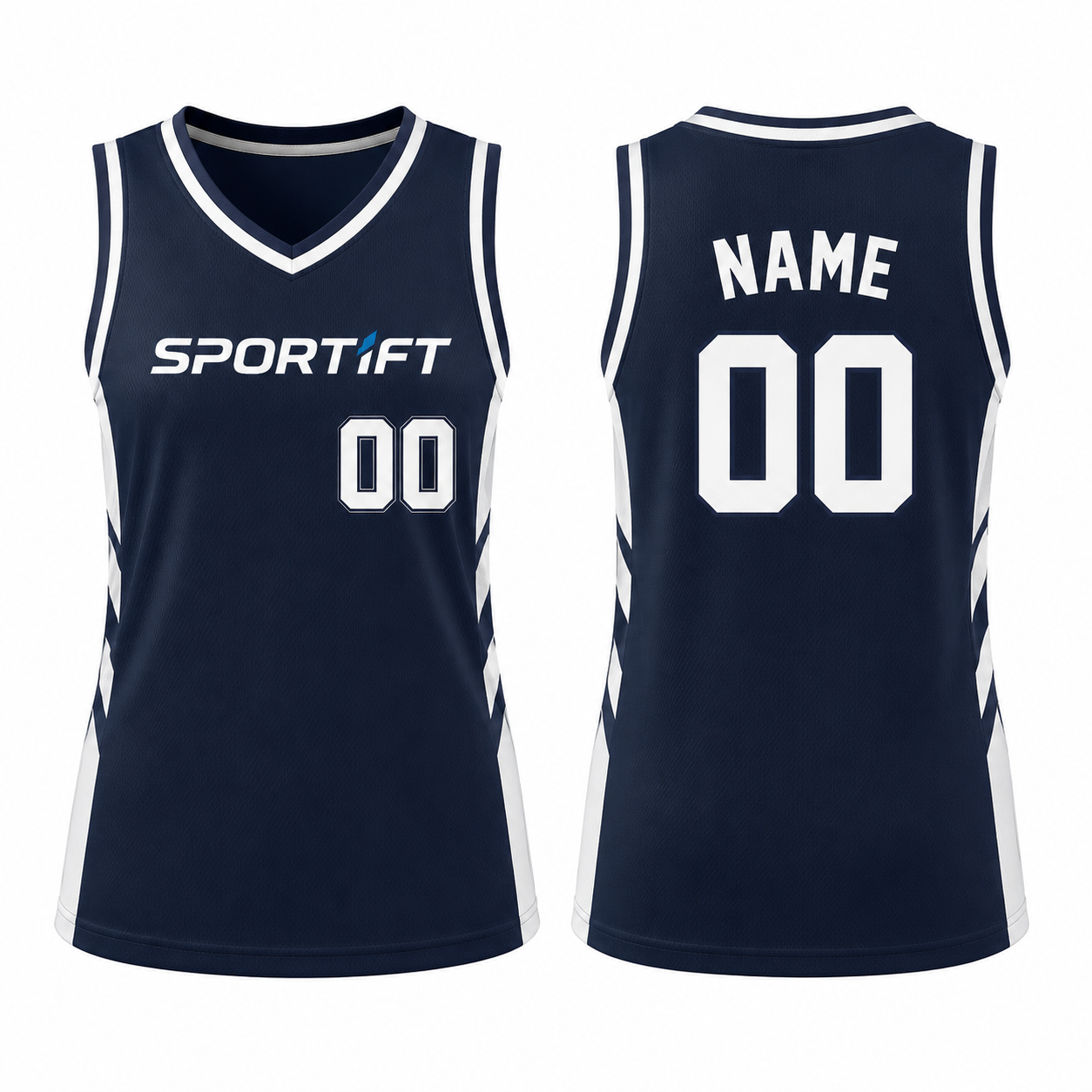 Navy-Weißes Basketball-Tanktop mit V-Ausschnitt und Teamname