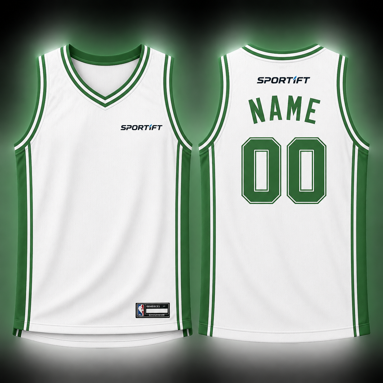 Weißes Basketball-Tanktop mit V-Ausschnitt und grünen Akzenten - Heimtrikot 00