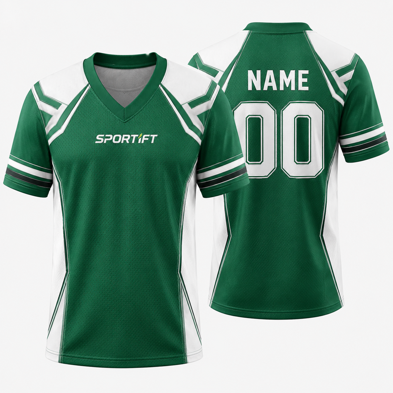 Grün-Weißes American Football Trikot mit V-Ausschnitt und geometrischen Schulterstreifen