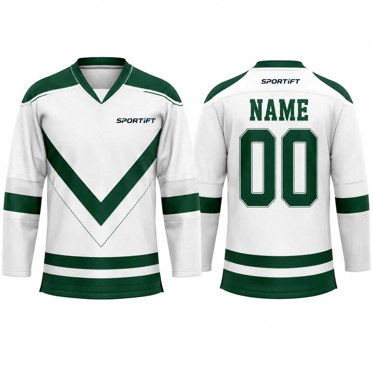 Weiß-Grün Eishockey Trikot langarm V-Ausschnitt