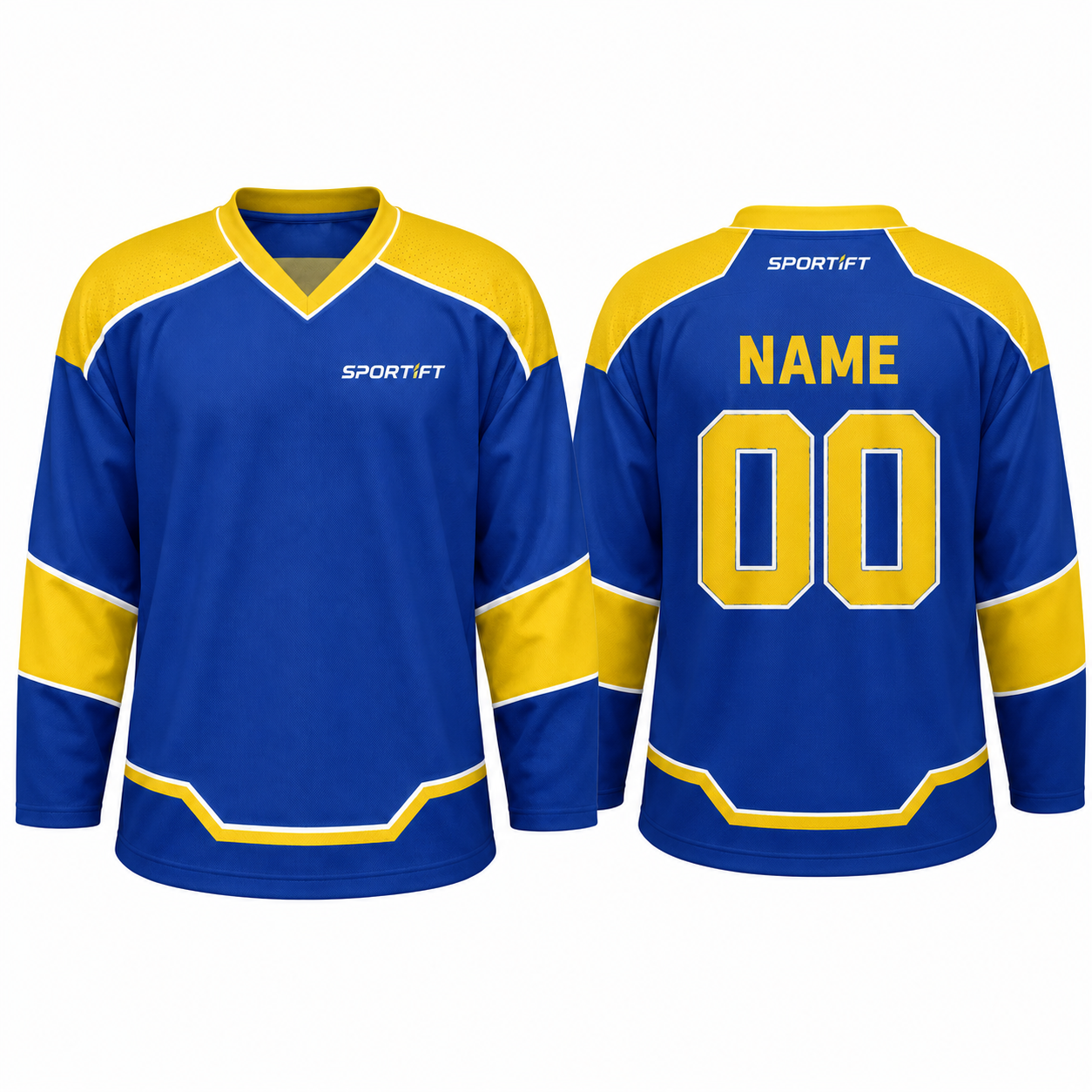 Eishockey Trikot Royal Blue Gelb – Langarm mit V-Ausschnitt