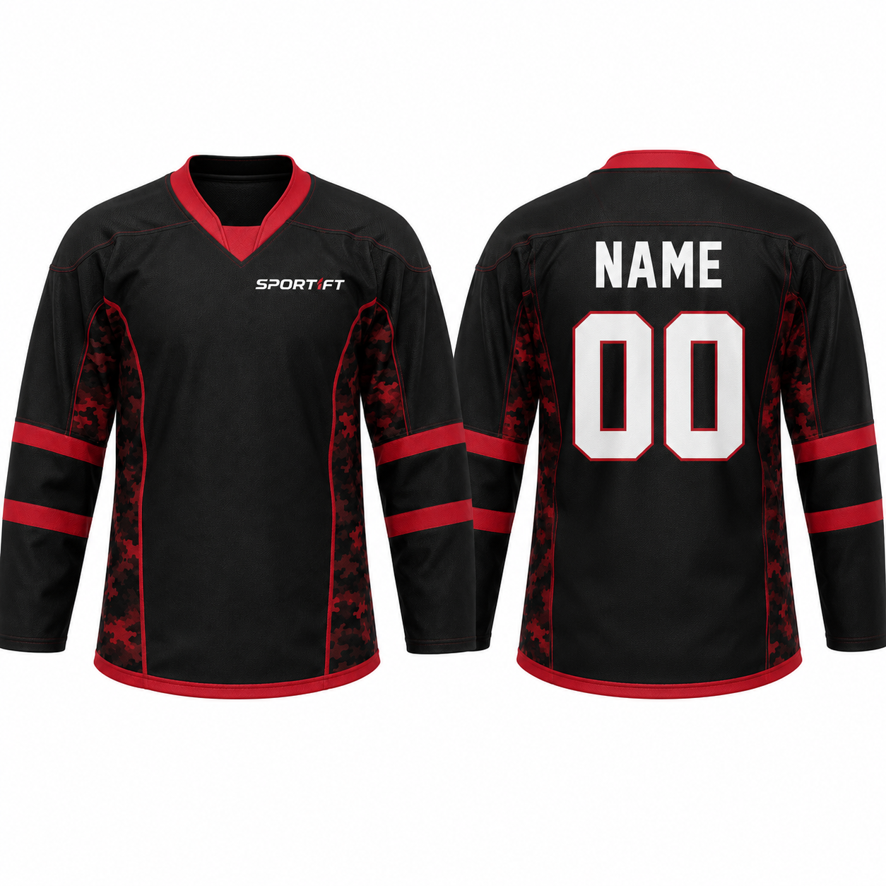 Eishockey Trikot Rot/Schwarz 'Red Fury' Langarm V-Ausschnitt