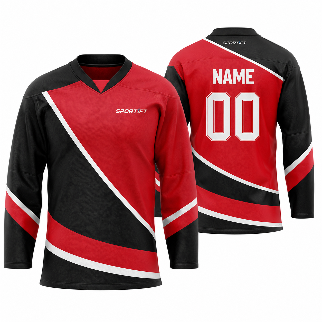 Eishockey Trikot Rot Schwarz Langarm V-Ausschnitt Modernes Design