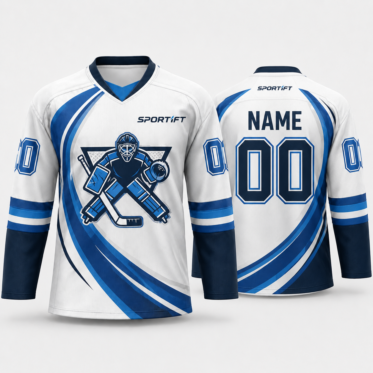 Eishockey Trikot Langarm Weiß Blau - Torwart Design