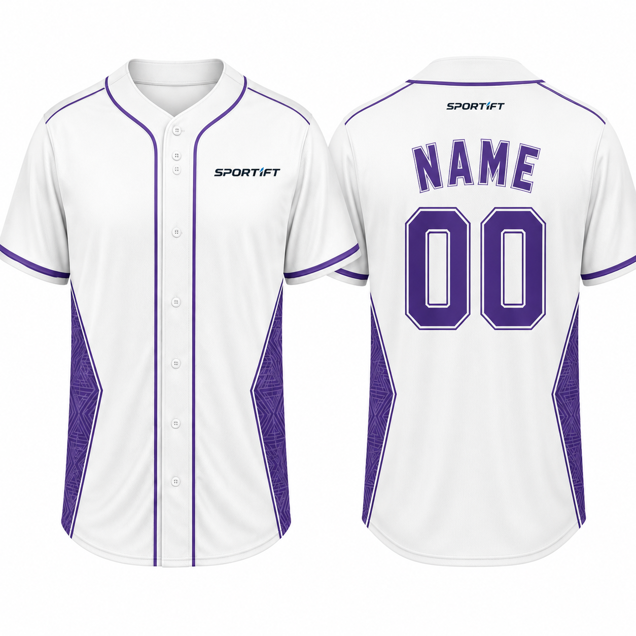 Weiß-Lila Baseball Jersey mit Knopfleiste – Team Name