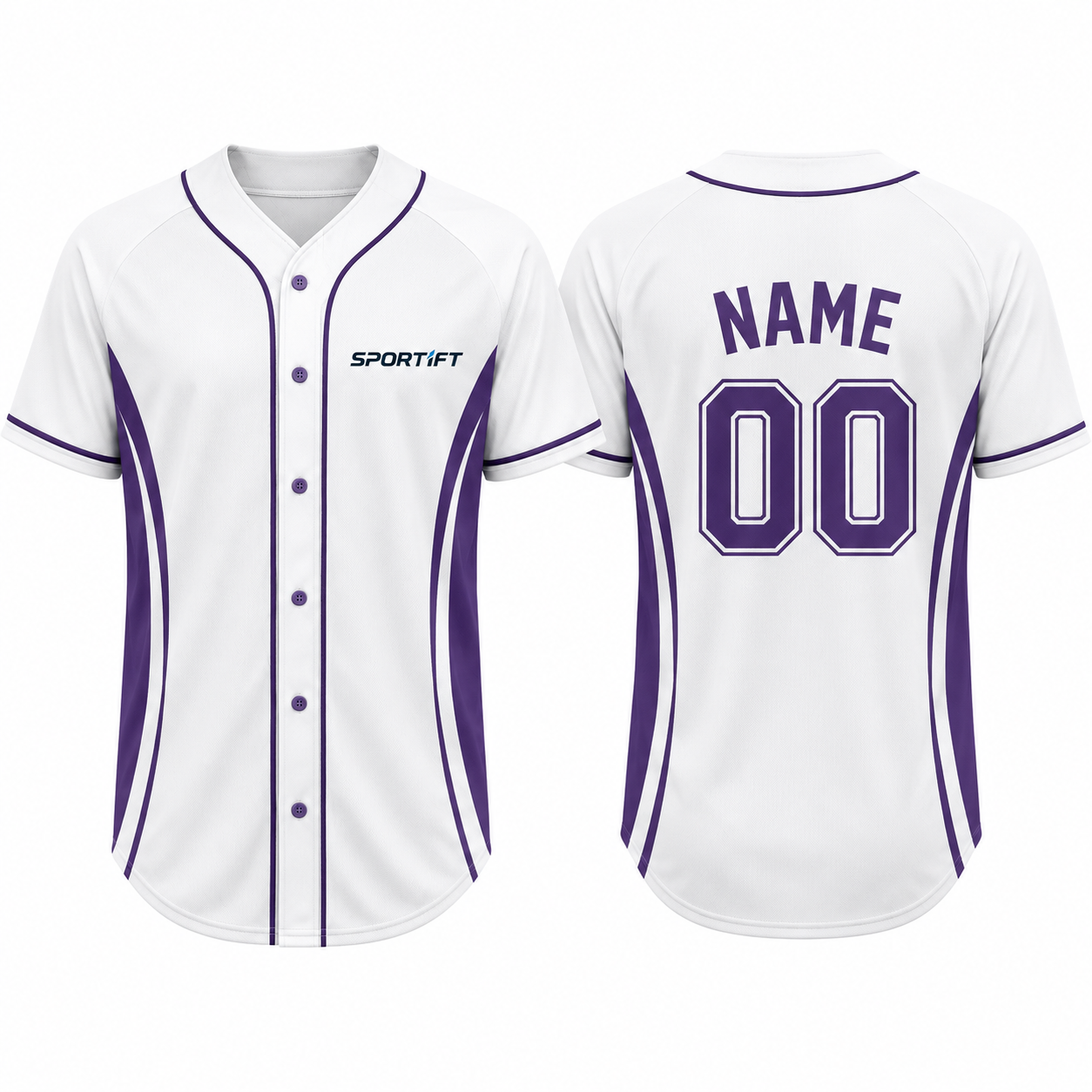 Baseball-Trikot mit Knopfleiste – Weiß & Lila – Kurzarm – Sporthemd für Teams